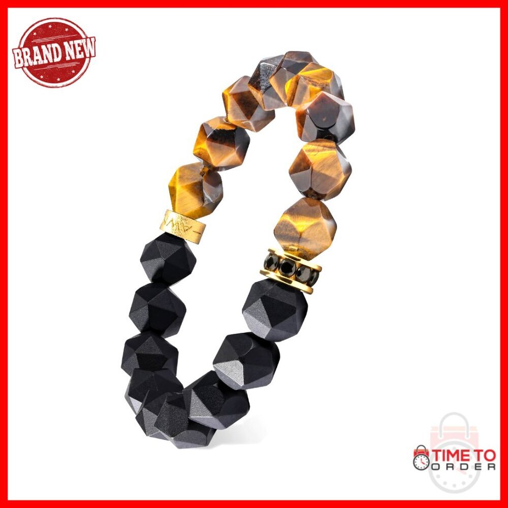 Men's Stretch Bracelet Tiger Eye Onyx Sterling Silver Protection Charm